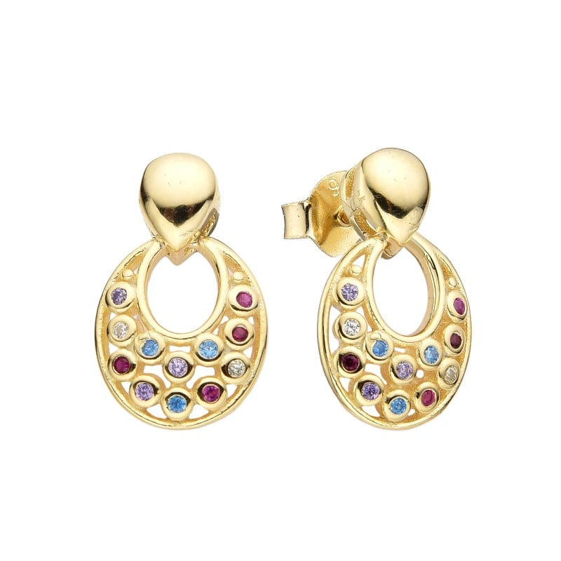 Aretes redondos largos de plata bañados en Oro amarillo con circones de colores