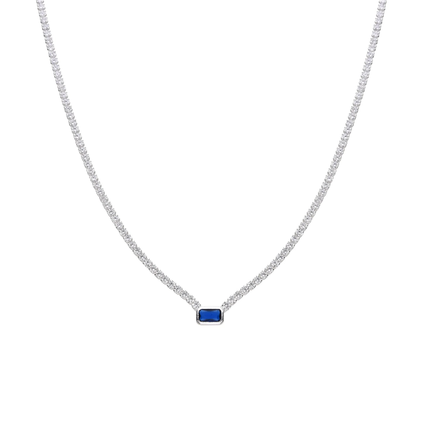 Collares estilo tenis de plata con circonia azul en el centro