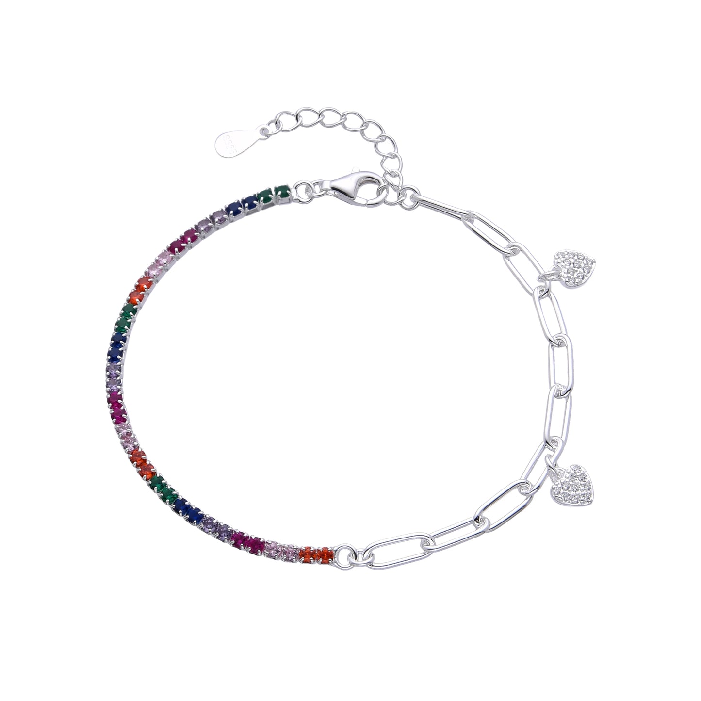 Pulsera Estilo Half Tenis Half Chain de Colores con Dijes de Corazon (plata925)