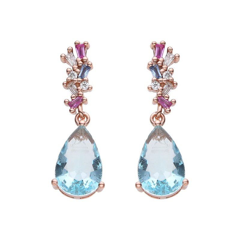 Aretes de plata con baño en Rose Gold y piedreria tipo aquamarine