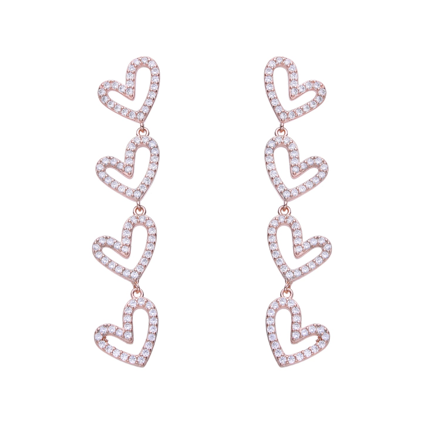 Aretes largos de corazones en bañados en rose gold