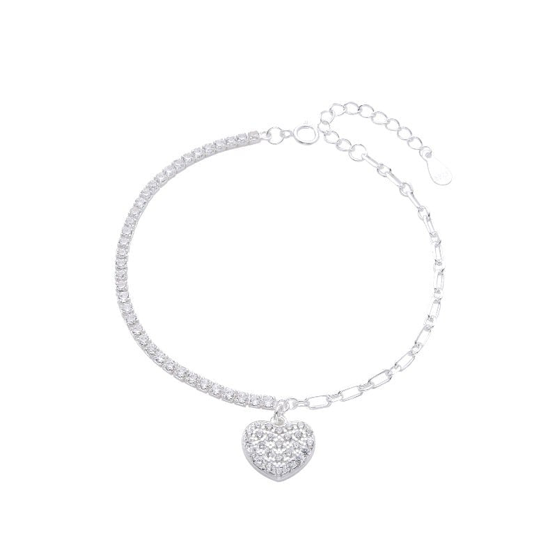 Pulsera de Plata 925 Half Tenis Half Chain con Dije de Corazon