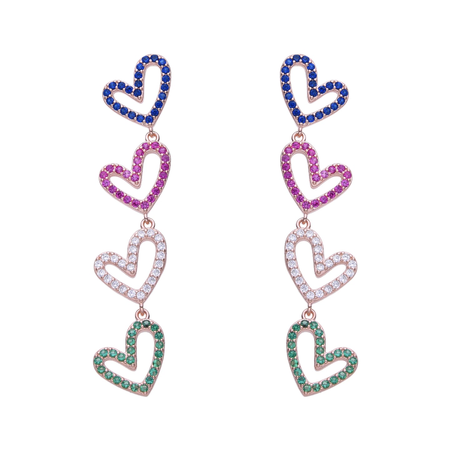 Aretes largos de corazones de colores en rose gold