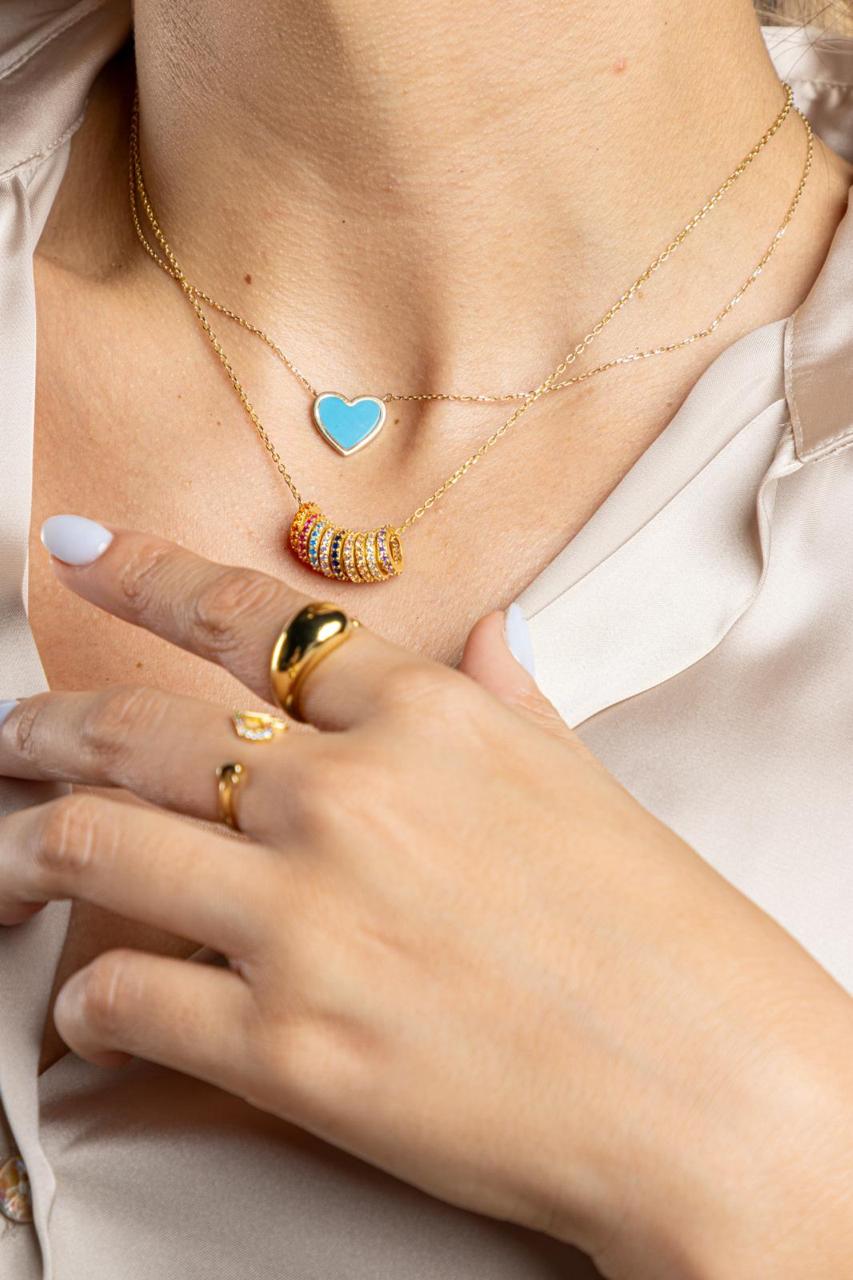 Collar de Oro de 10K con dije de corazon color turquesa