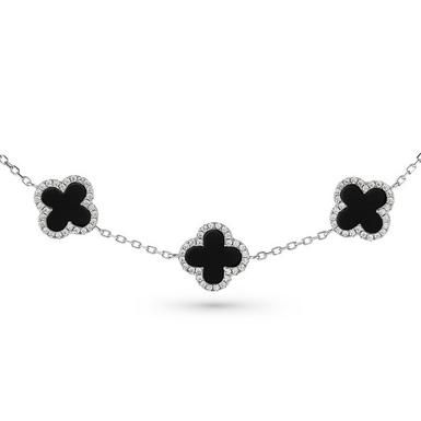 Collar de plata 925 con dijes en forma de trébol de ónix y circones como brillantes