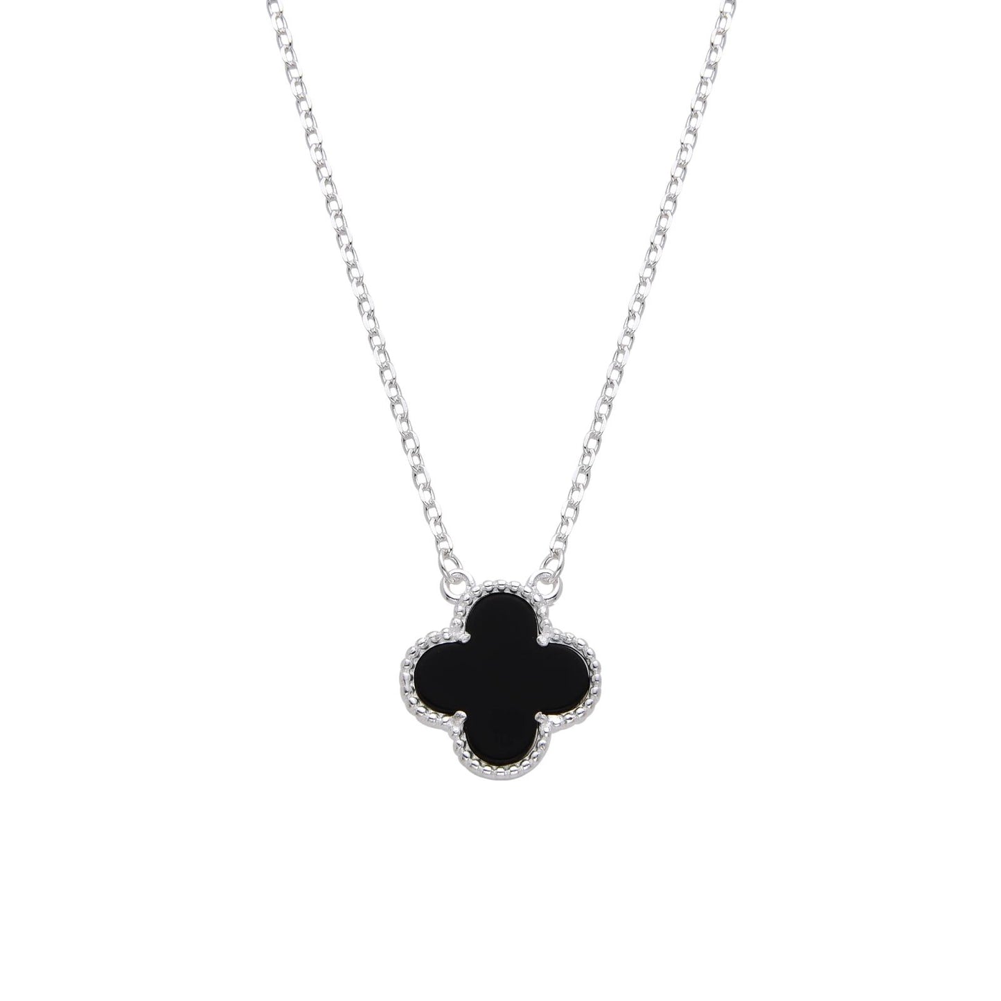 Collar de plata rodinada con dije de trebol de onyx