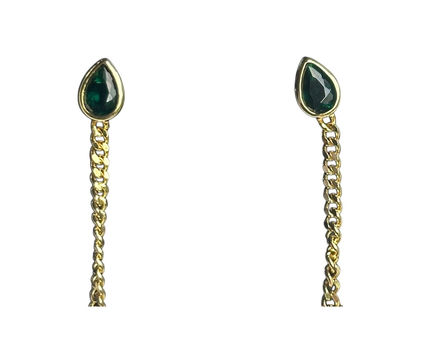 Gota Esmeralda – Aretes en Plata Rodinada con Baño de Oro y Cadenita Posterior