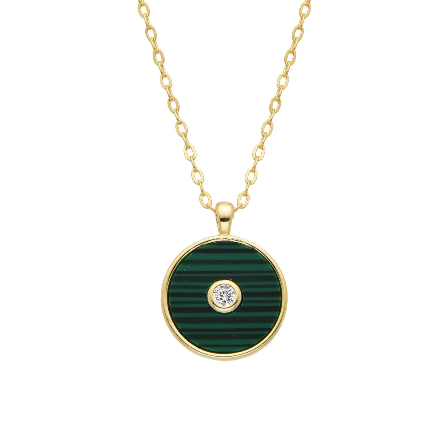 Collar de plata, bañado en oro con dije circular verde, simulando malaquita