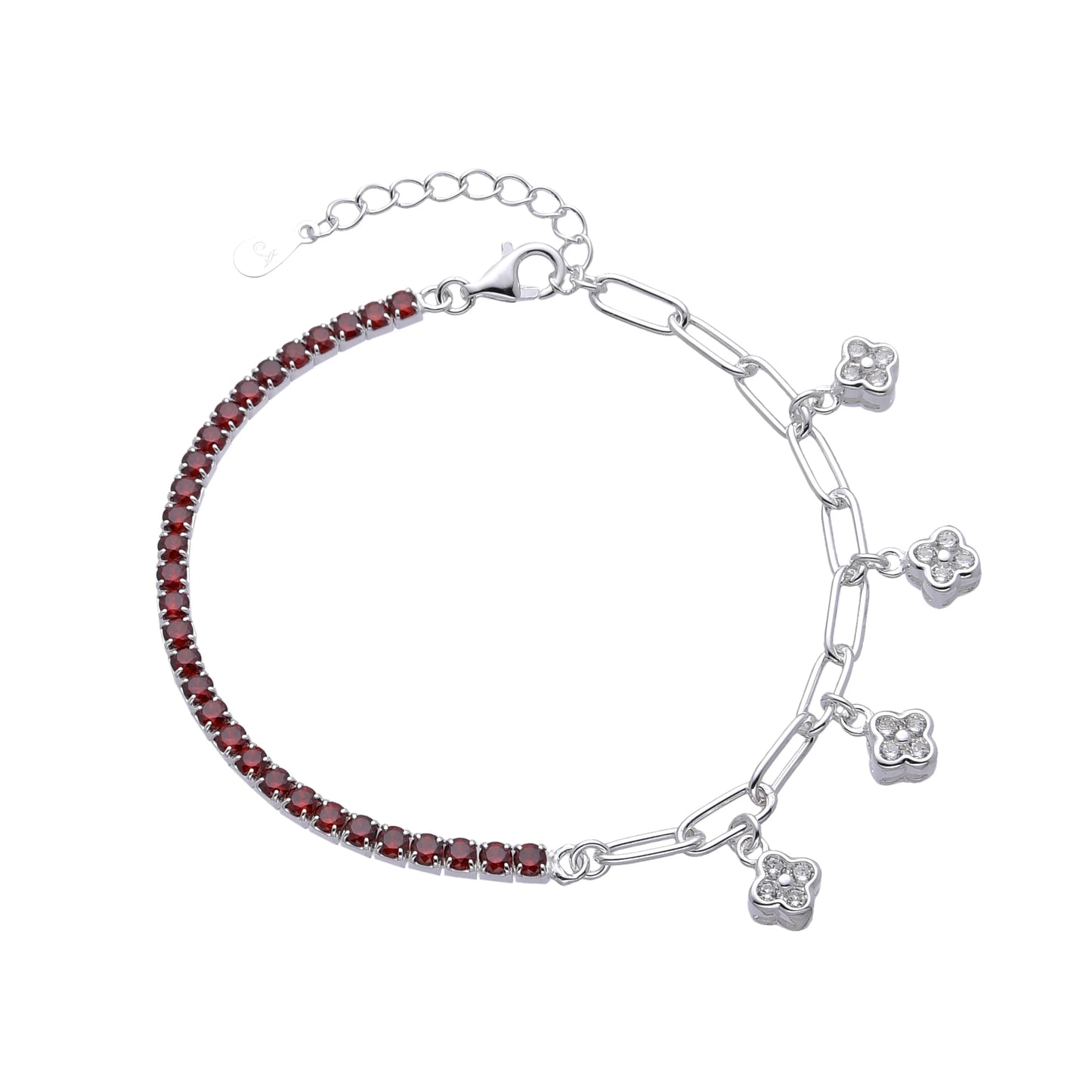 Pulsera de plata half tennis con dijes de flores guindando