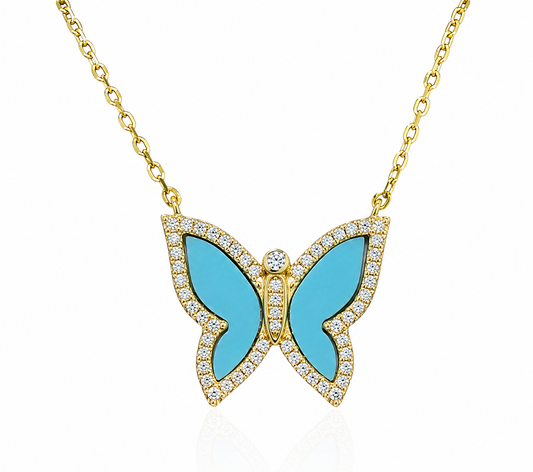 Collar de Plata Bañado en Oro Amarillo con dije en forma de mariposa de Turquezas Naturales