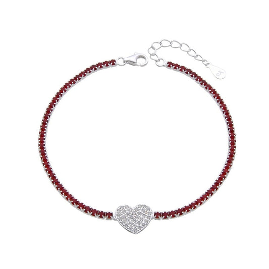 Pulsera de tennis roja con dije de corazon plateado en centro de plata