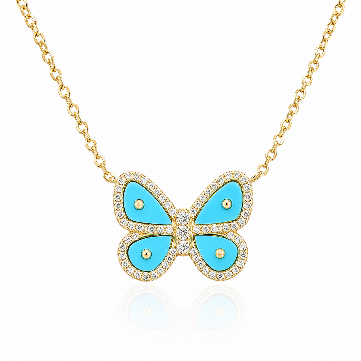 Collar de Plata Bañado en Oro con dije de Mariposa de Turquezas