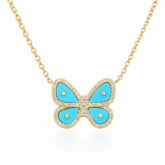 Collar de Plata Bañado en Oro con dije de Mariposa de Turquezas