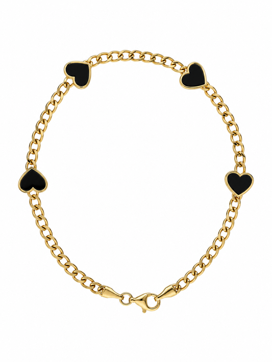 Cœurs Noirs – Pulsera de corazones en Oro 14K con ónix natural
