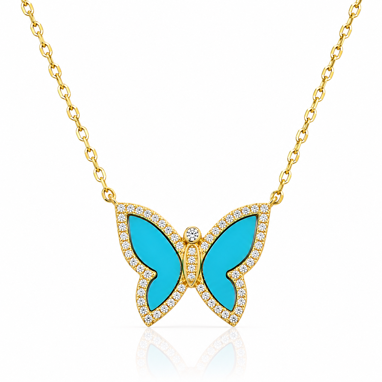 Collar de Plata Bañado en Oro Amarillo con dije en forma de mariposa de Turquezas Naturales