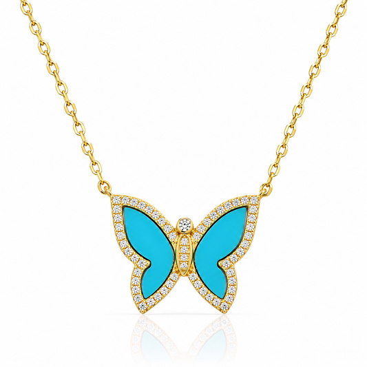 Collar de Plata Bañado en Oro Amarillo con dije en forma de mariposa de Turquezas Naturales