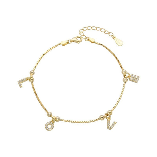 Pulsera de plata bañada en oro que dice “Love”