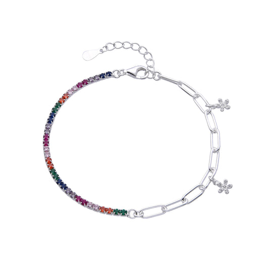 Pulsera de plata half tennis de colores con dije de flores guindando