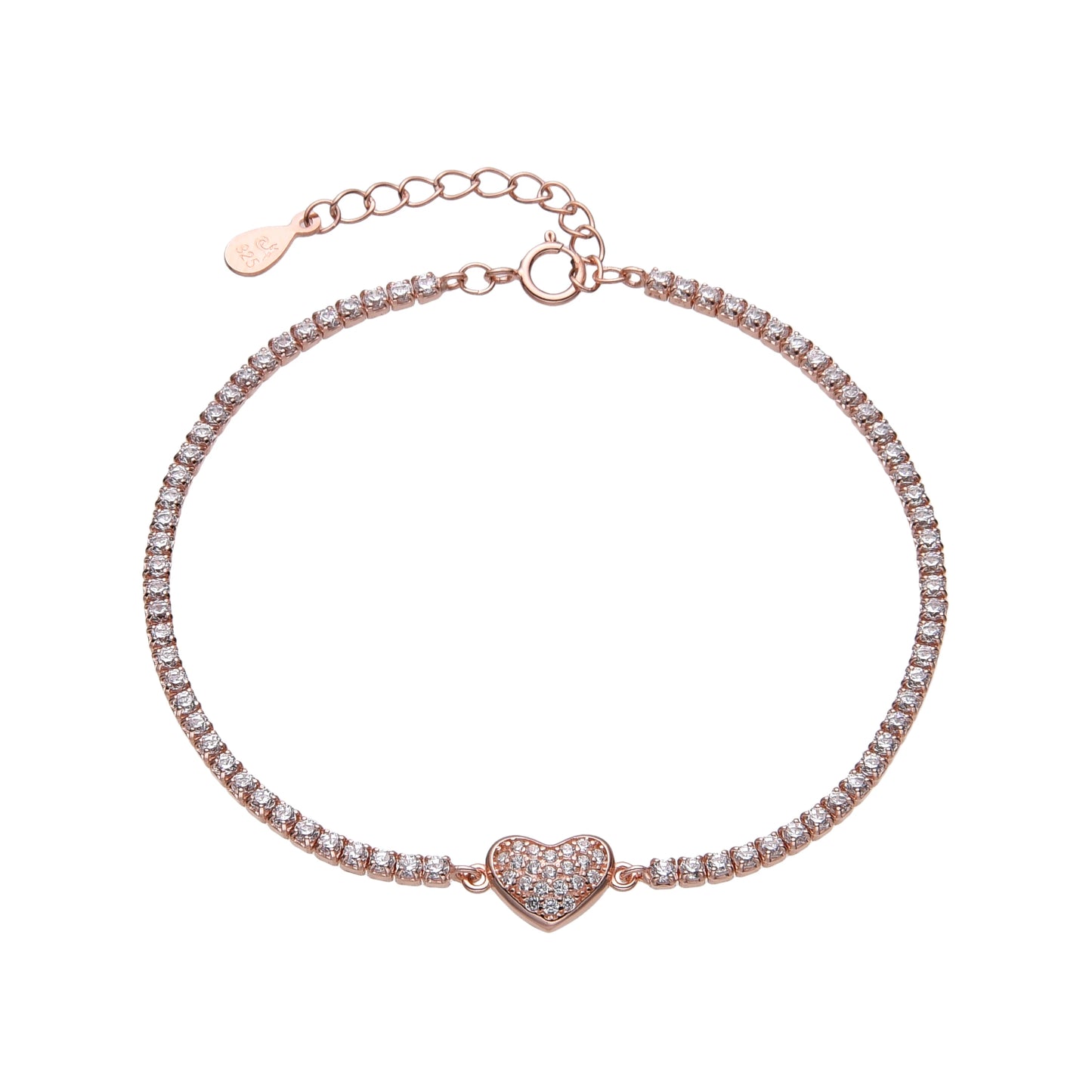 Pulsera de plata bañada en oro rosado estilo tenis con dije de corazón en el centro