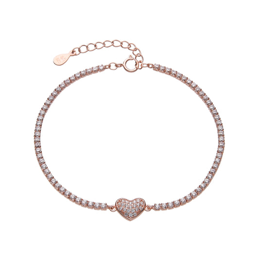 Pulsera de plata bañada en oro rosado estilo tenis con dije de corazón en el centro