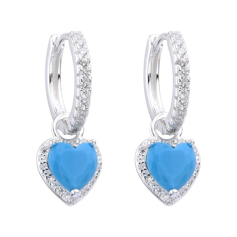 Aretes de plata con circones y corazon celeste