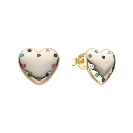 Aretes de Plata Bañados en Oro Amarillo en forma de corazon con circones de colores