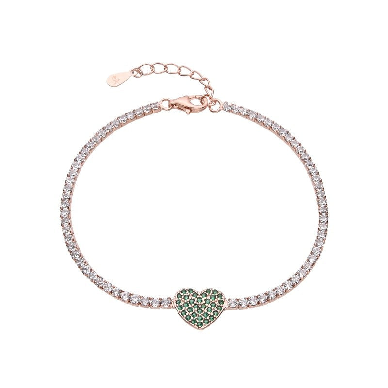 Pulsera estilo tennis de plata bañada en oro rosado con dije de corazon verde en centro