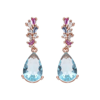 Aretes de plata con baño en Rose Gold y piedreria tipo aquamarine