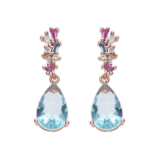 Aretes de plata con baño en Rose Gold y piedreria tipo aquamarine