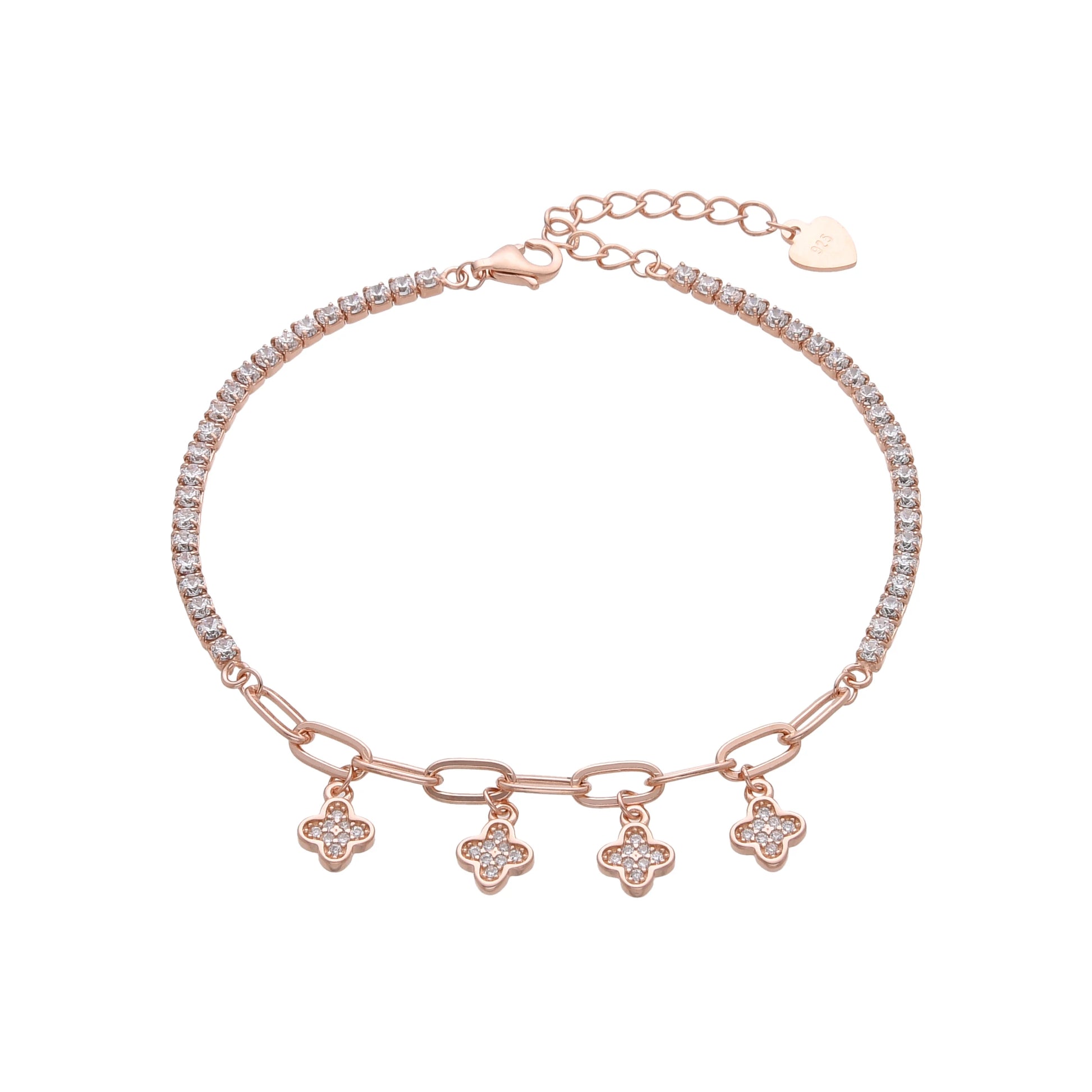 Pulsera de plata banada en oro con flores guindando en bano de oro rosado