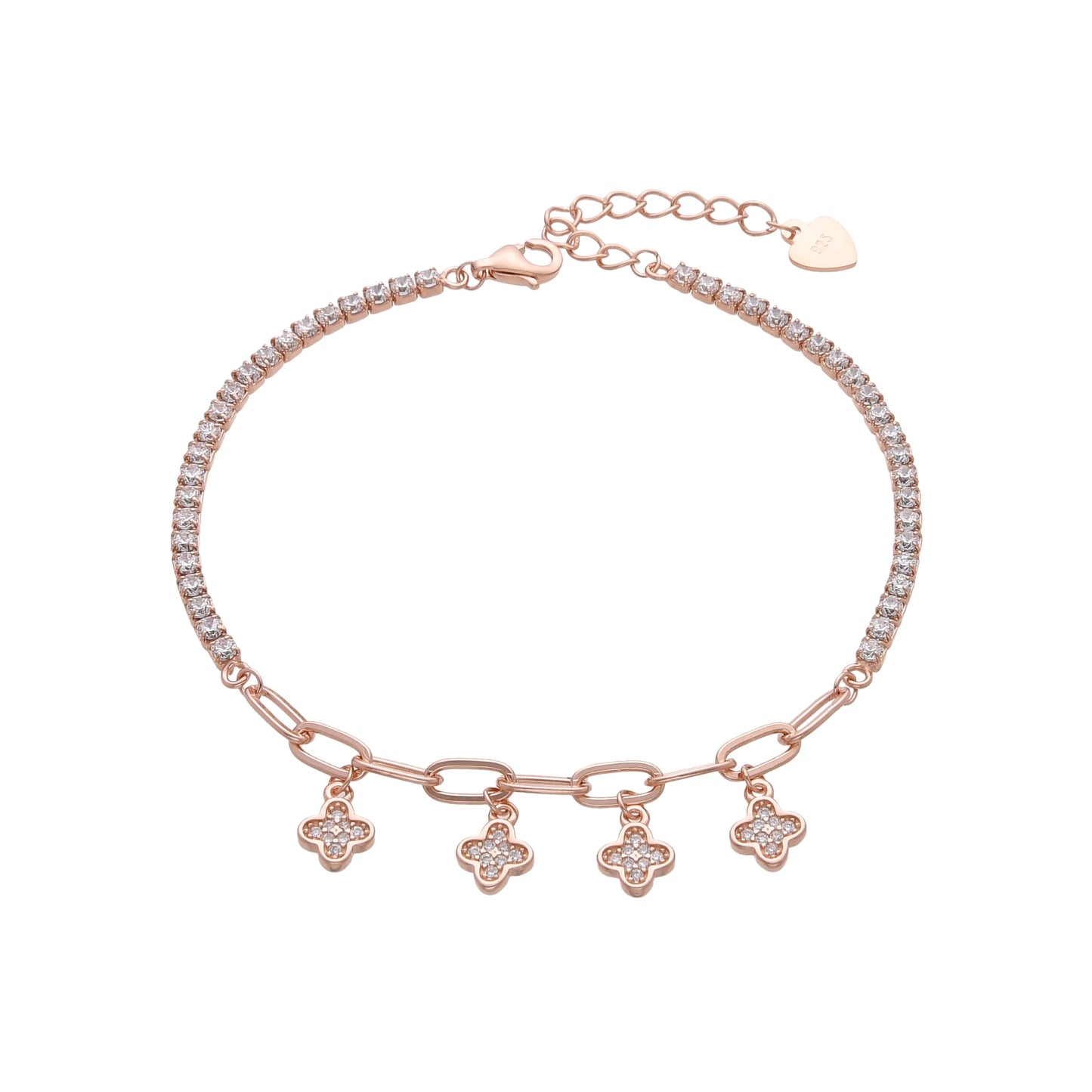 Pulsera de plata bañada en oro con flores guindando en baño de oro rosado