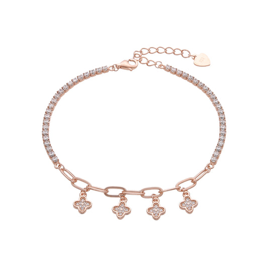 Pulsera de plata bañada en oro con flores guindando en baño de oro rosado