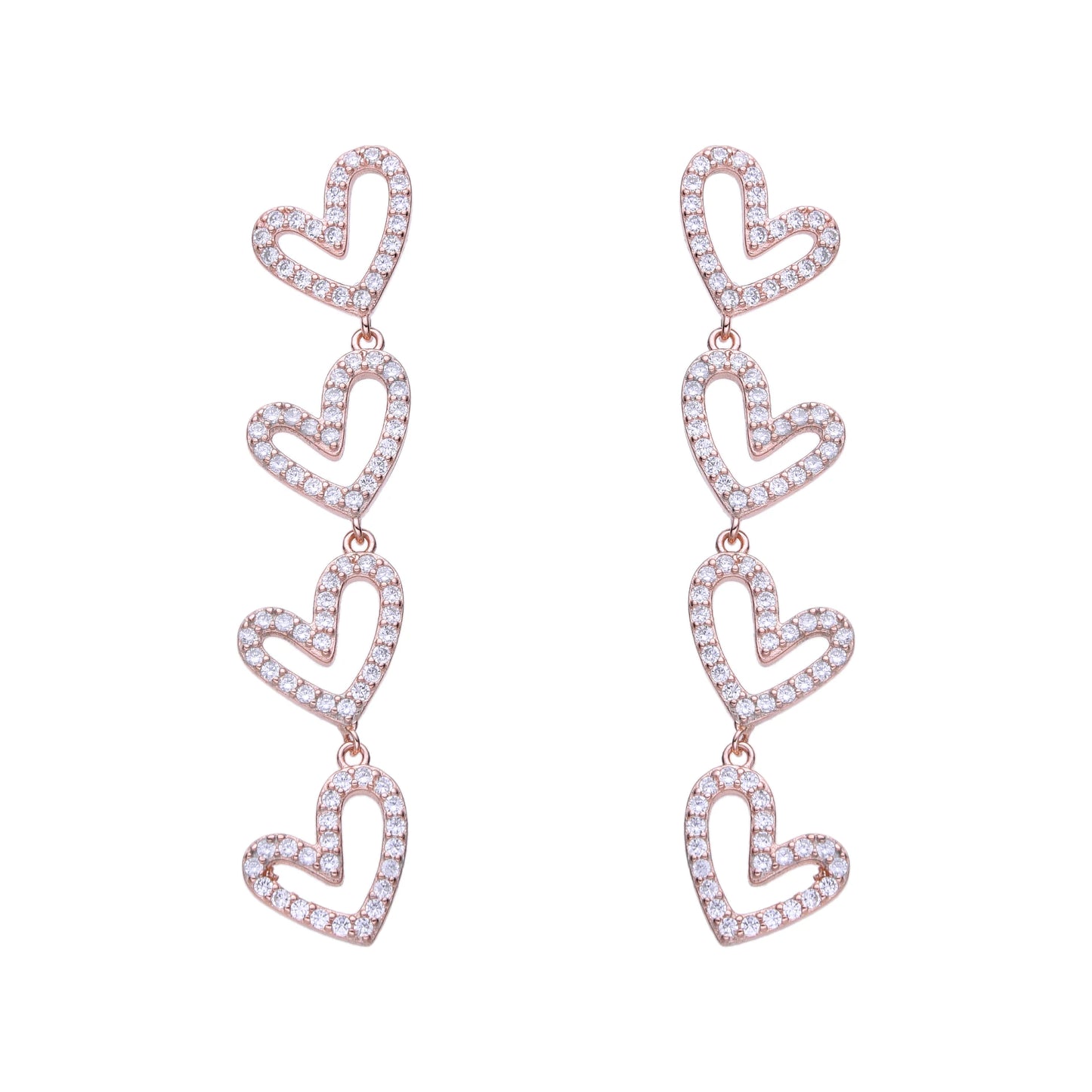 Aretes largos de corazones en bañados en rose gold