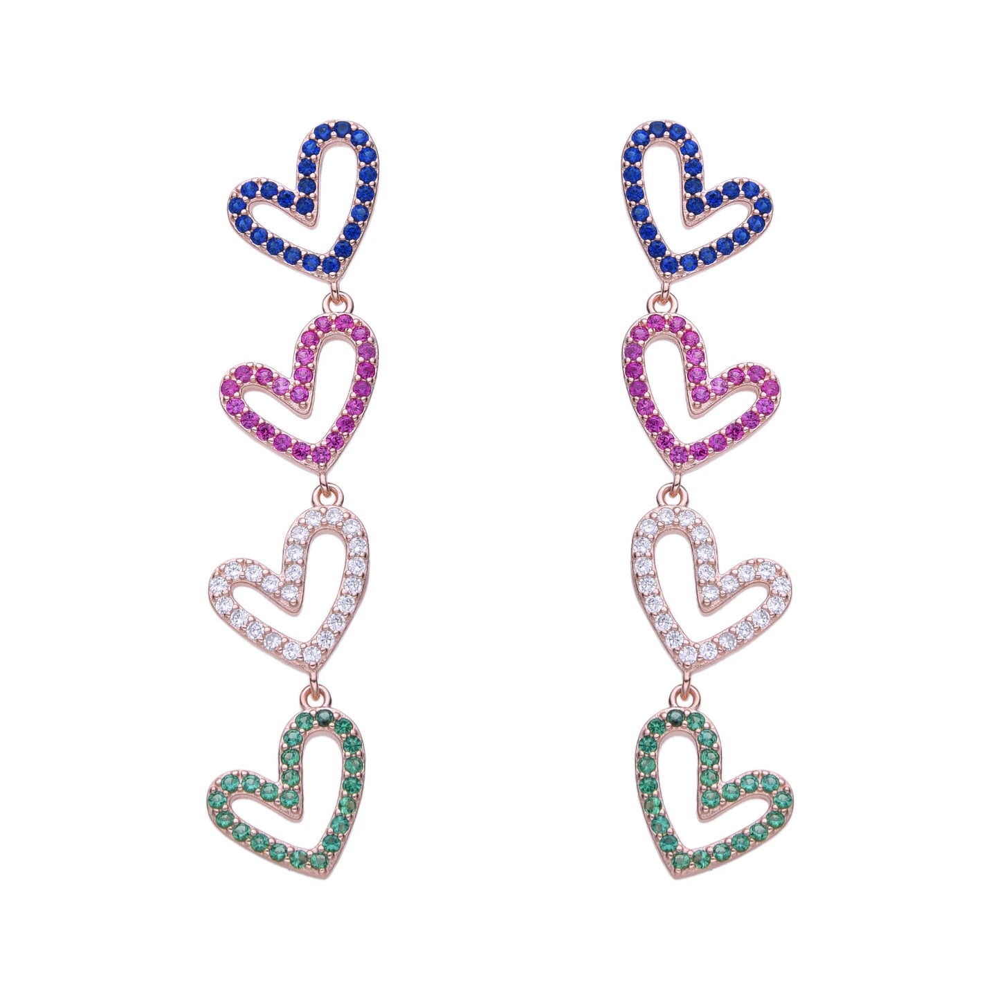 Aretes largos de corazones de colores en rose gold