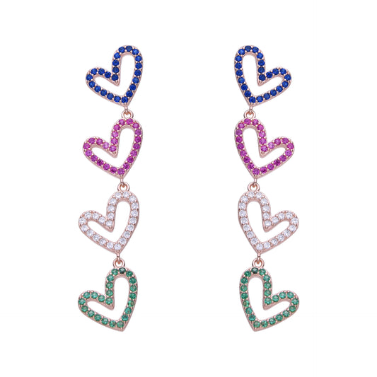 Aretes largos de corazones de colores en rose gold