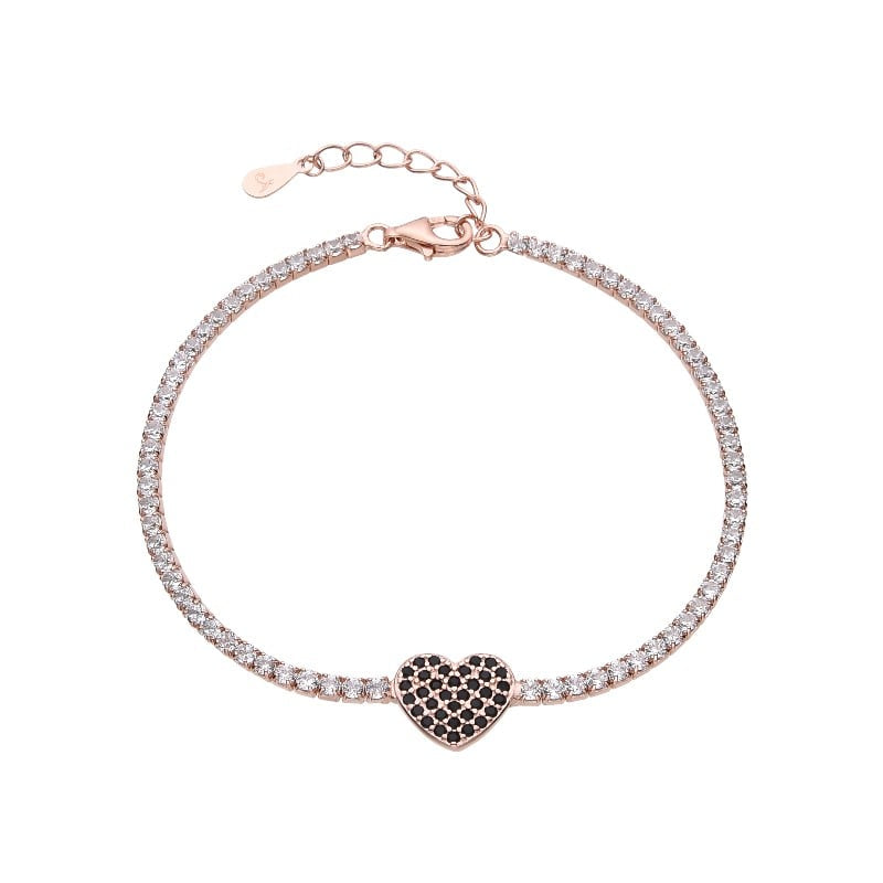 Pulsera estilo tennis con dije de corazon negro de plata bañada en oro rosado