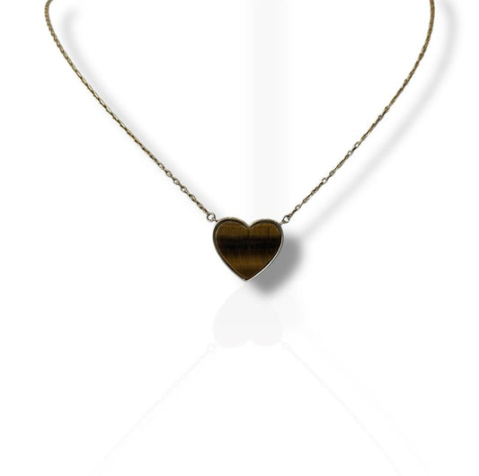 Collar de Oro de 10K con Corazon de Ojo de Tigre