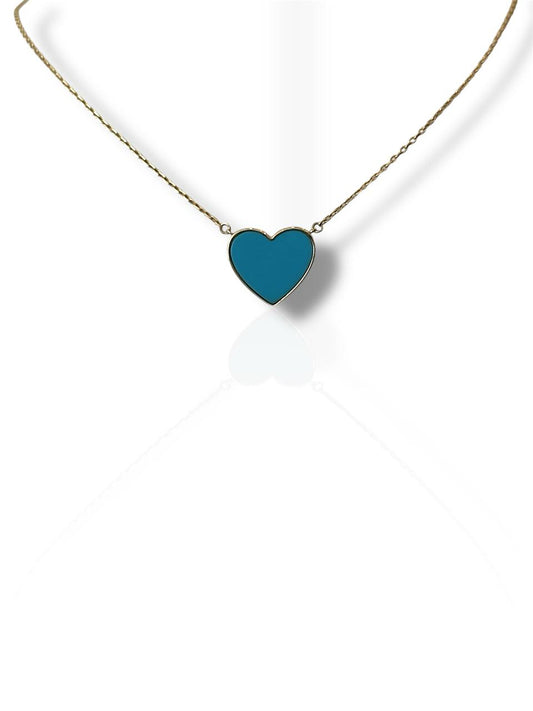 Collar de Oro de 10K con dije de corazon color turquesa