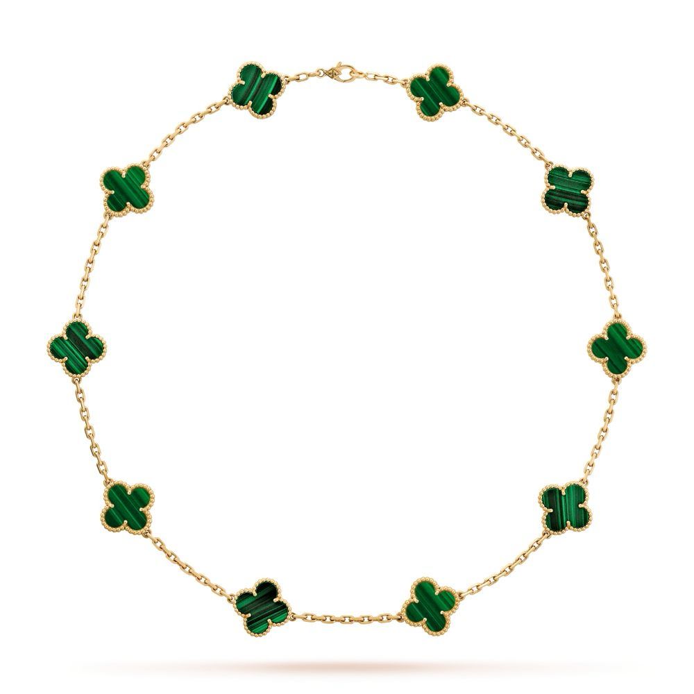 Collar de plata 925 bañado en oro con dijes en forma de trébol de Malaquita