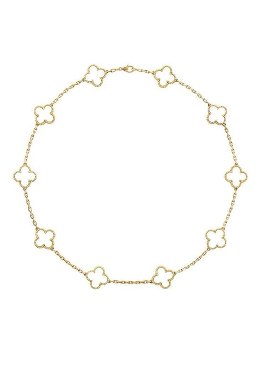 Collar de plata bañado en oro amarillo con dijes en forma de trébol de madreperla