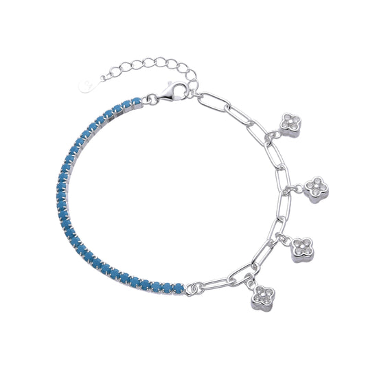 Pulsera de plata half tennis con dije de flores guindando