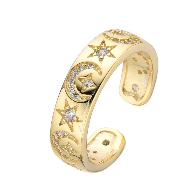 Anillo de Plata Bañado en Oro de 18K con Lunas y Estrellas