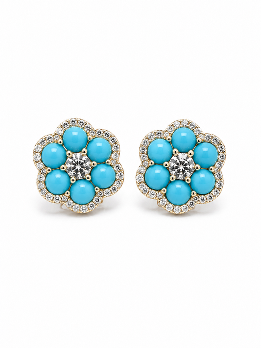 Aretes Flor Turquesa y Brillantes