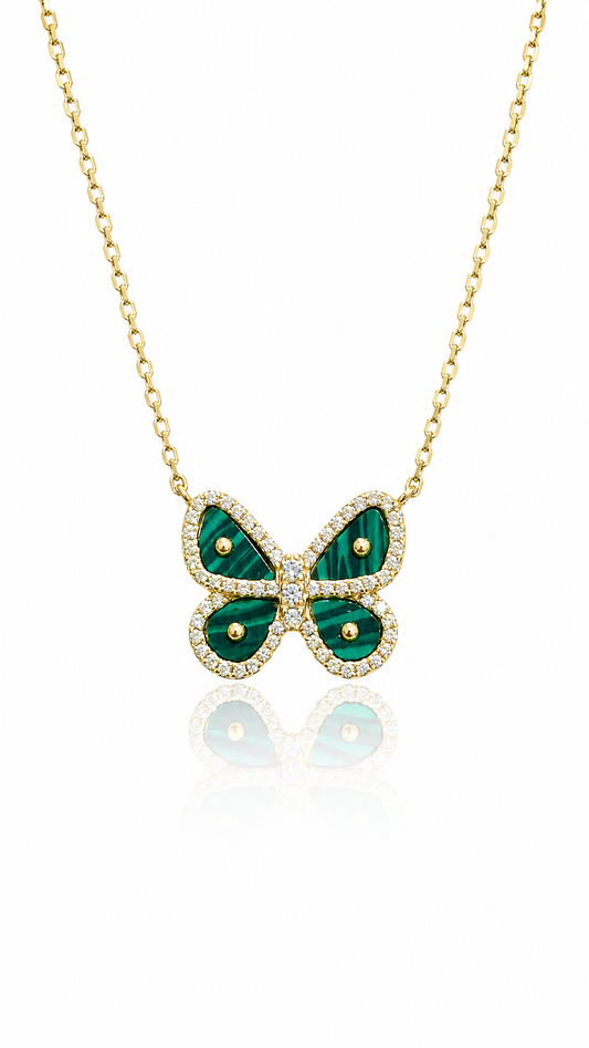 Collar de Plata Bañado en Oro con dije de Mariposa de Malaquita