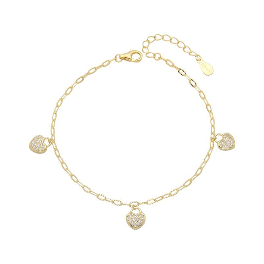 Pulsera de plata bañada en oro amarillo estilo clip con dijes de corazones guindando