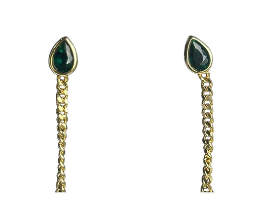 Gota Esmeralda – Aretes en Plata Rodinada con Baño de Oro y Cadenita Posterior