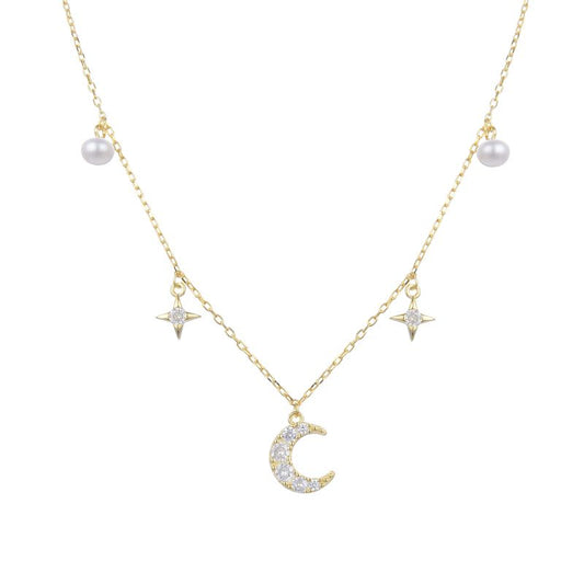 Collar 'Noche Estrellada' de Plata Bañado en Oro con Lunas, Estrellas y Perlas